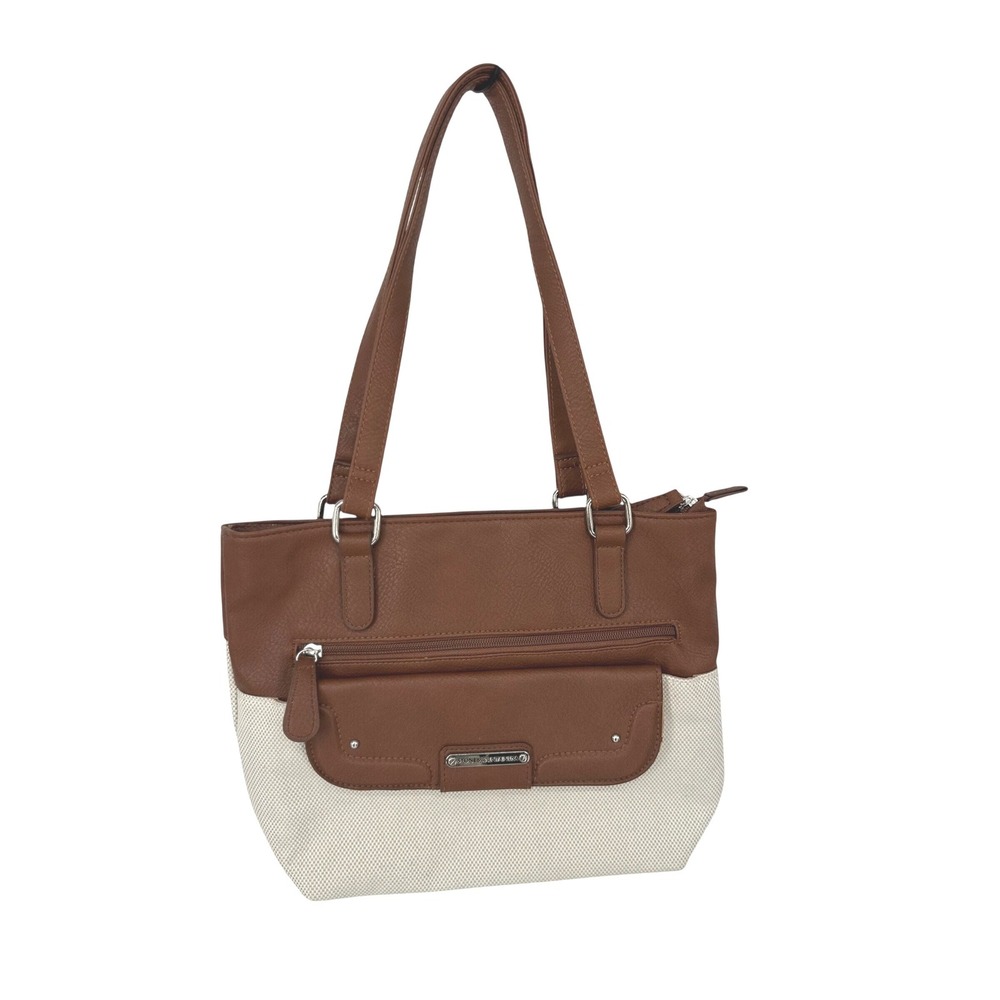 Stone Mountain Tote Bag Purse Brown Ivory Canvas Faux Leather Shoulder Bag